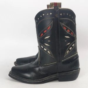 Vintage 1950s Toddler Leather Cowboy Boots - Black Cutout Western Style 6.5" - Picture 1 of 14