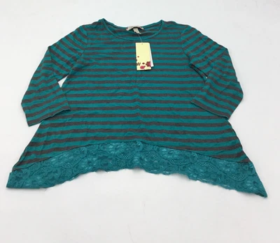 Speechless Girls Striped Shark-Bite Lace Hem Tee | Teal/Charcoal | Medium - Image 1 of 4