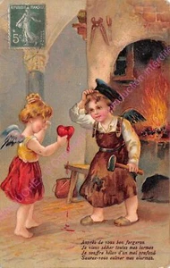 CPA GAUFREE EMBOSSED Anges forgeron coeur auprès de vous bon forgeron  - Picture 1 of 2