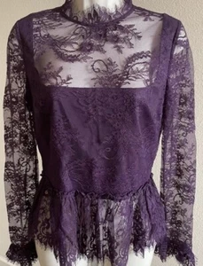 New Likely Women’s Purple Lace Long Sleeve Mock Neck Designer Blouse SZ 2 Zip - Picture 1 of 8