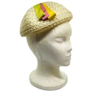 Mr. John Juniorette Girls Straw Cream Beret Green Pink & Yellow Ribbon Hat Cap - Picture 1 of 10