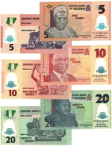 2022 - 2017 Nigeria 5, 10, 20 Naira Banknote set UNC P34, P38, P39 - Bild 1 von 1
