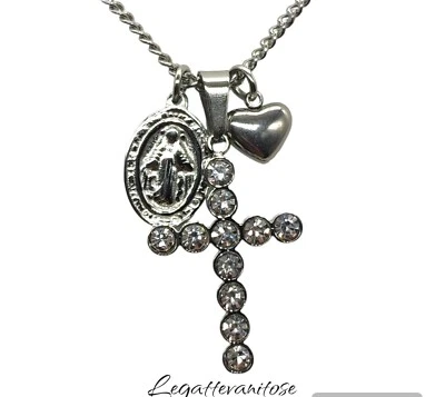 collana acciaio con croce zirconi bianchi + medaglina miracolosa e cuoricino - Immagine 1 di 4