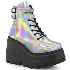 SILVER HOLOGRAM 4.5" ANKLE BOOT-LACES-BUCKLE STRAPS-PF Sz 6 8 9 11 12 - Picture 1 of 1