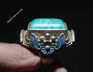 Collect Antique Chinese Silver gemstone Turquoise Gem Jewelry Round Ring Statue