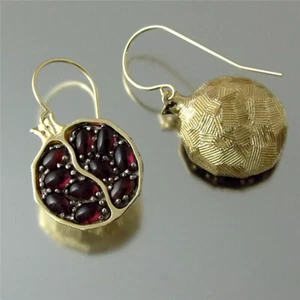 Boho Vintage Gold Color Fruit Pomegranate Drop Earrings for Women Natural Red Ga - Picture 1 of 12