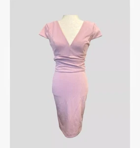 Dress the Population Dress Womens XS/XXS Pink Bow Back Pencil Sheath Midi V Neck - Picture 1 of 15
