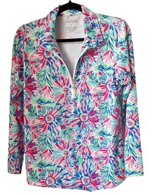 Top informal de golf San Soleil talla grande manga larga 1/4 cremallera UPF50 azul floral Foto 1 de 4
