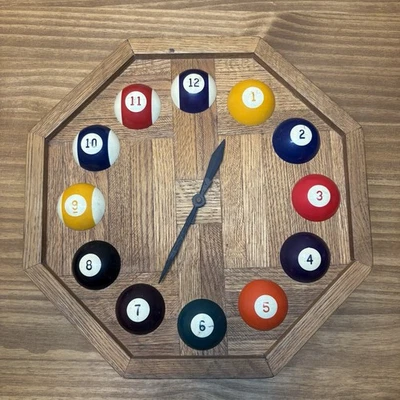 Vintage Pool Ball Wall Clock Quartz Movement Wood Frame Billiards Decor - Image 1 of 4