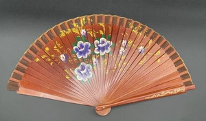 VTG Hand painted Spanish Wooden Folding Fan Brown with Purple Floral EUC - Picture 1 of 5