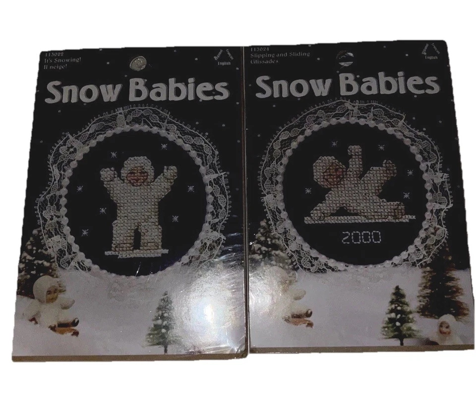 Needle Point Snow Babies It’s snowing outside slipping and sliding 2000 Set Of 2 - Image 1 of 2