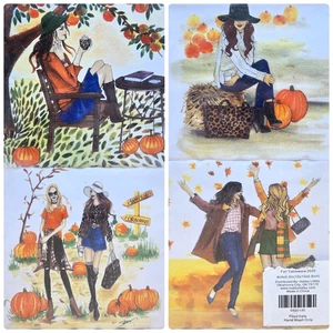 (SET OF 4) Fall Autumn Ladies Halloween 4"x4" Ceramic Coasters, Cork Backing NEW - Picture 1 of 8