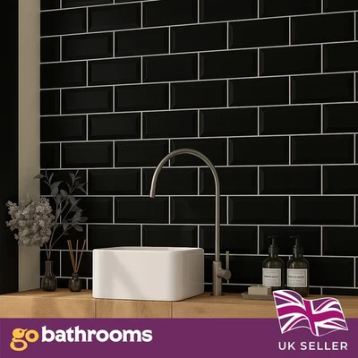 Glossy Black Ceramic Subway Metro Tile With Bevelled Edge 100x200mm Box - Image 1 of 4