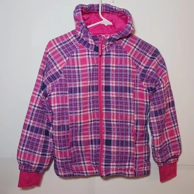 Jaqueta infantil feminina tamanho 7/8 rosa roxa xadrez zíper completo náilon com capuz - Imagem 1 de 4