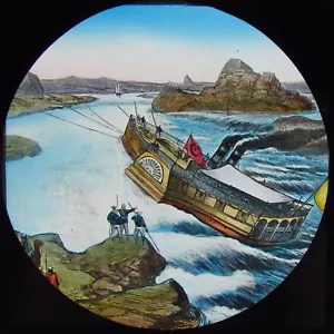 Glass Magic Lantern Slide TURKISH PADDLE STEAMER GOING UP RAPIDS C1890 DRAWING - Picture 1 of 2