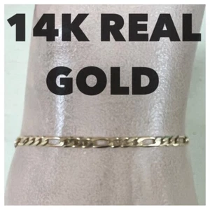 14K REAL YELLOW GOLD FIGARO CHAIN BRACELET 7 INCHES LONG - Picture 1 of 7