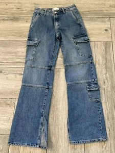 Zara Denim Mid Rise Split Cargo Jeans with accent pockets  Size 0 - Picture 1 of 8