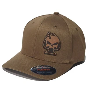 Leather Patch Ace of Spades Sniper 2A FLEXFIT Coyote Brown Cap Hat, 6277 - Picture 1 of 4