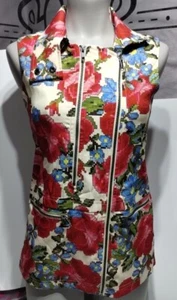 Mural Art Has No Boundaries XS Vest Red Blue Floral Print Full Zip Pockets - Picture 1 of 11