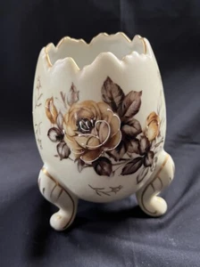 Vintage Napco Footed Ceramic Cracked Egg Vases Yellow Brown Roses - Picture 1 of 8