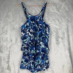 Fit 4 U Romper Swimsuit Womens 18W Blue Tropical Tiered High Neck Padded - Picture 1 of 12