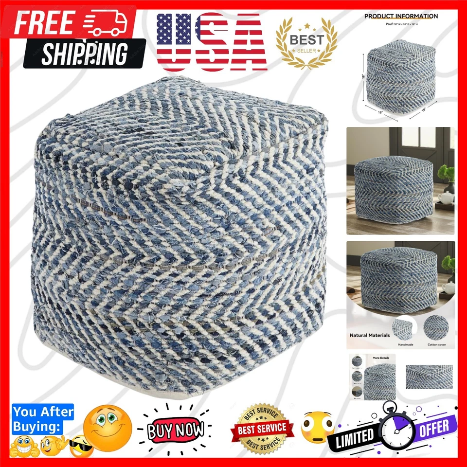 Puf tejido hecho a mano Chevron en azul y blanco - Elegante otomano cuadrado de 18" Foto 1 de 4