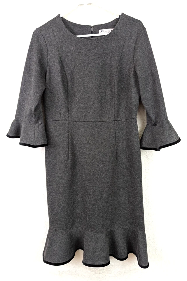 Vestido Nanette Lepore talla 8 Bella Donna gris tejido mangas 3/4 volante elástico 0269 Foto 1 de 4