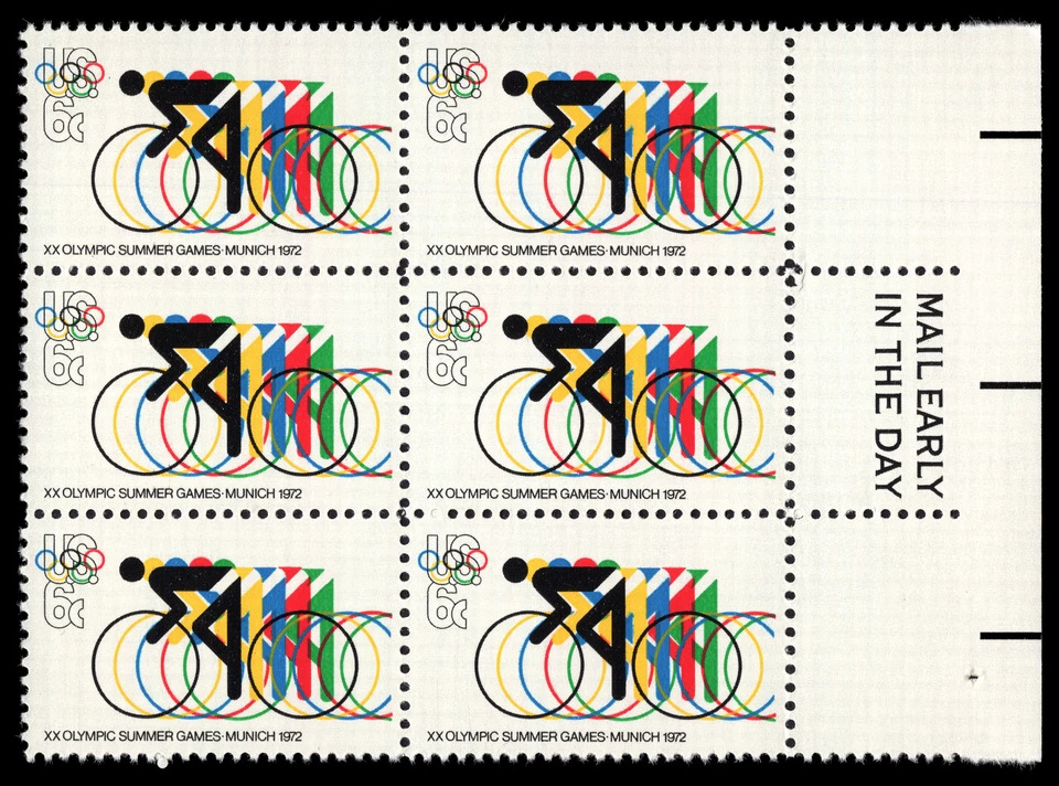 Estampillas de 6¢ MNH Scott # 1460 de Estados Unidos, anillos olímpicos y de ciclismo, bloque temprano por correo de 1972 MNH Foto 1 de 1