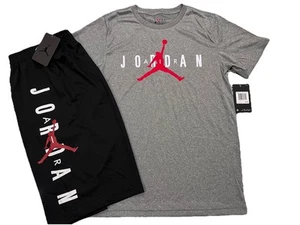 NWT NIKE AIR JORDAN BOY’S 2 PC SET DRI-FIT GRAY SHORT SLEEVE BLACK SHORTS XL - Picture 1 of 3