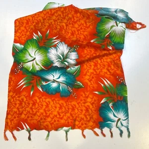Scarf Hawaiian Hibiscus Flowers Floral 100% Silk 60 x 20” Orange Green - Picture 1 of 2