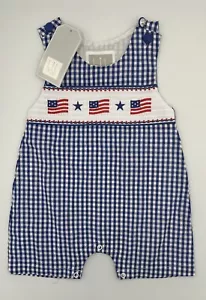 LIL CACTUS NWT Shortall Jon Jon Smocked American Flag 4th July Red Blue Star - Picture 1 of 3