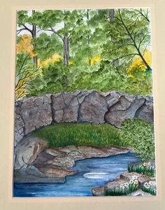 Vintage Catherine McBride Painting Sun Coming Through Trees Stream Rustic Nature - Picture 1 of 6