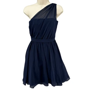 Alfred Angelo Formal Mini Dress Navy Blue One Shoulder Pleated Lined Size 2 - Picture 1 of 10