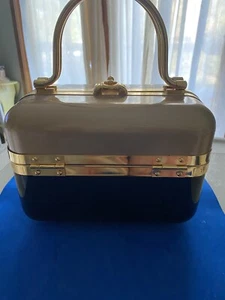 Metallic Box Gorgeous Handbag Purse Gold Trim black tan, Vintage Retro Classic - Picture 1 of 8