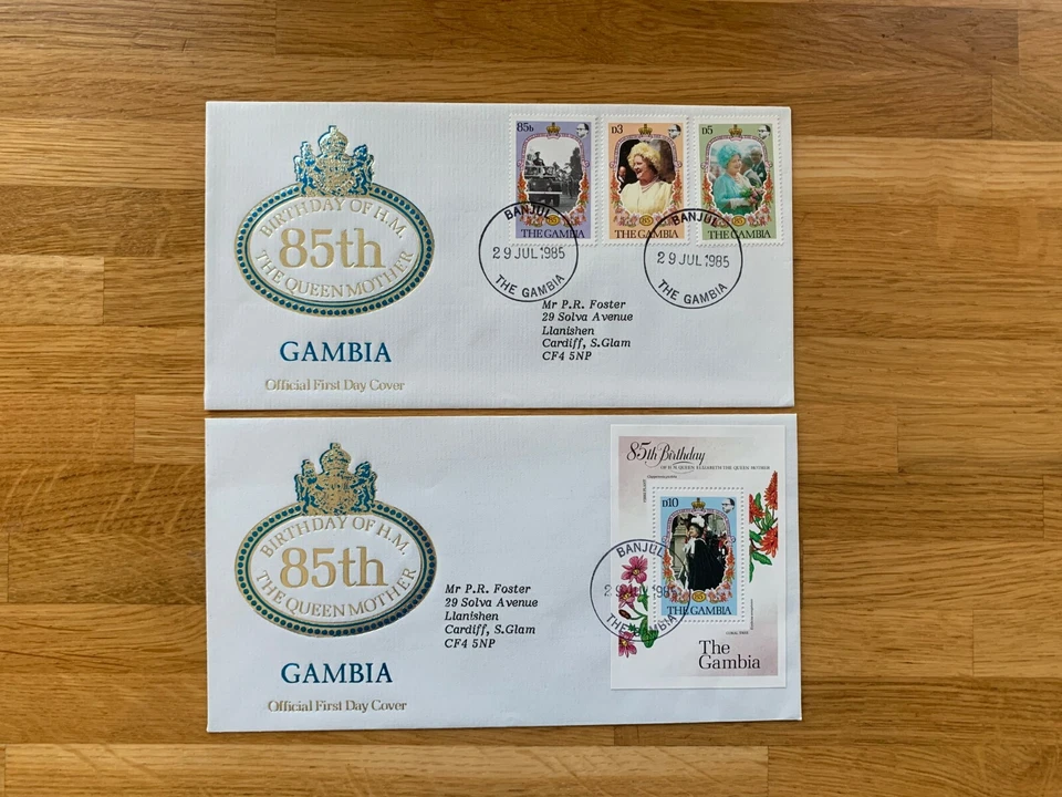 GAMBIA 1985 FDC x 2 REINA MADRE 85 CUMPLEAÑOS REALEZA Foto 1 de 1