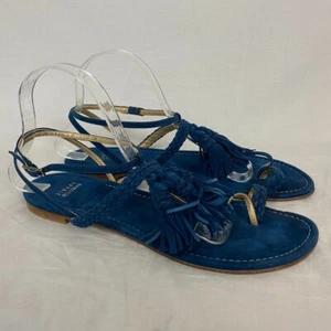 Stuart Weitzman Sandals Womens 10.5 Navy Blue Suede Leather Strappy Tassel Flats - Picture 1 of 13