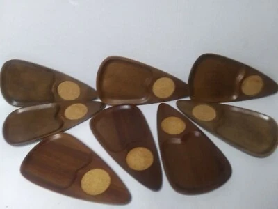 Vtg Mid Century Set 8 Serving Teak Wood Snack Trays w Cork Coasters Japan  - Image 1 of 4