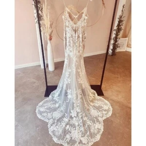 Boho Lace wedding dress with trail,Spaghetti Straps Custom Mermaid Wedding Dress - Picture 1 of 5