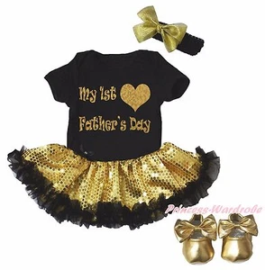 My 1st Heart Father Day Black Bodysuit Gold Bling Girls Baby Dress Shoes NB-18M - Picture 1 of 1