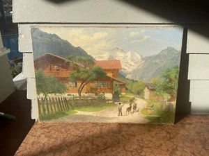 ANTQUE OIL PAINTING SWISS ALPS Village LISTED ARTIST JOSEPH KEISER MOUNTAINS - Picture 1 of 24