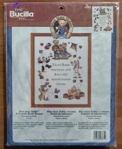 Bucilla Blue Jean Teddy Friends Birth Record Counted Cross Stitch Kit #43375 NEW - Picture 1 of 7