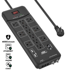 CRST Surge Protector Power Strip 2100J, with USB,6FT 15amp Cord, Flat Plug - Afbeelding 1 van 8