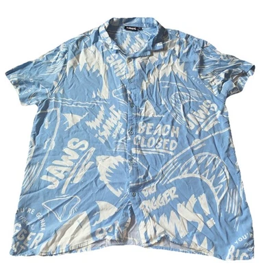 Jaws Shirt Mens L Blue Shark All Over Hawaiian Camp Beach Party Fun Travel 2XL   - Image 1 of 4