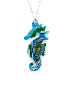 Lampwork Art Glass Sea Horse Pendant/Ornament, 2.5" H x 1.3" W w/Silver Cord - Picture 1 of 1