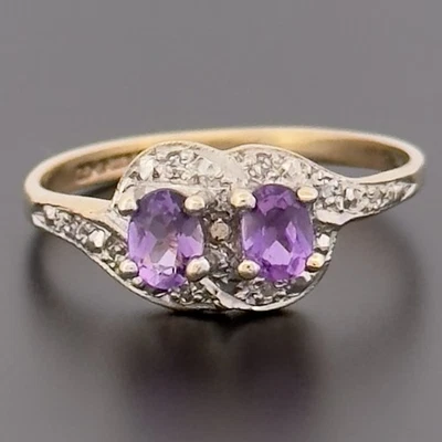 Кольцо из двух кластеров из желтого золота 9 карат с аметистом и бриллиантами размер J 1/2 с клеймом - Изображение 1 из 4