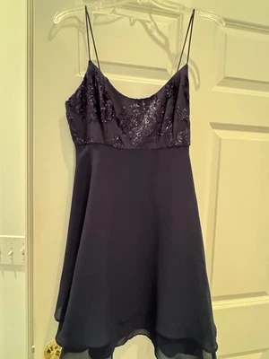 Navy blue cocktail dress size 9/10 flower embellishment on bust, only worn once - Image 1 of 3