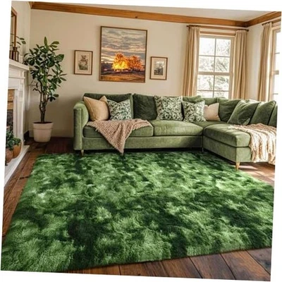 Soft Dark Green Rugs for Bedroom, 5x7 Fluffy Carpets, Indoor Modern Plush Area  - Image 1 of 4