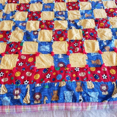 Handmade Patchwork Baby Quilt 56x75 Zoo Animals Sports Blue Pink Nursery Blanket - Image 1 of 4