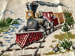 Vintage 1950s McCall’s Completed CROSS Stitch Railroad Train Scene 17"×12" - Picture 1 of 5