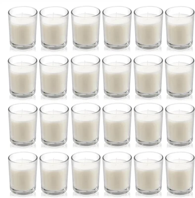 24 Pack Warm White Unscented Clear Glass Filled Votive Candles. Hand Poured Wax - Image 1 of 4